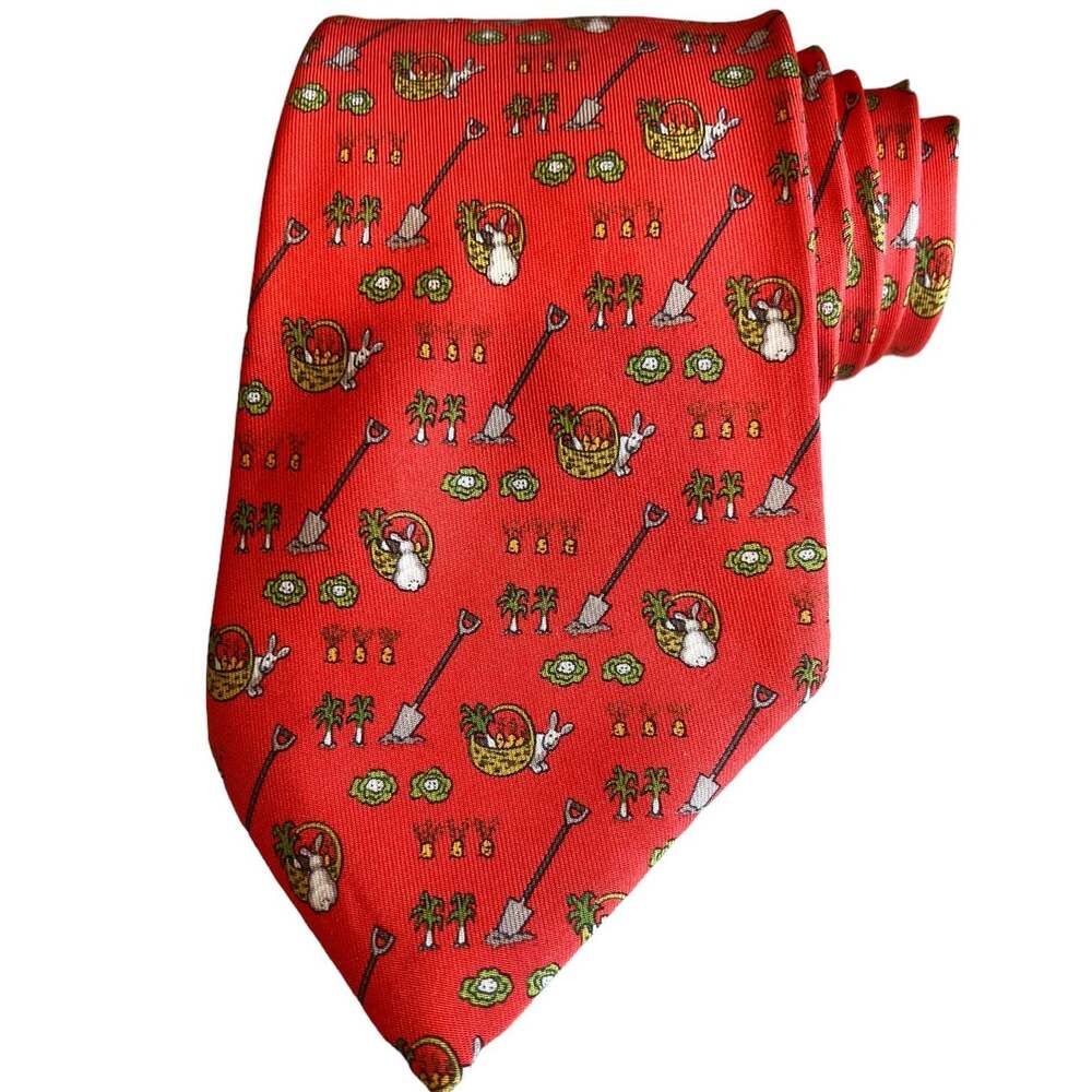 Authentic Hermes Rare Print Silk Neck Tie Gardening Bunny Rabbits Tangerine